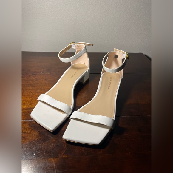 Stuart Weitzman "Nudistjune" White Leather Sandals with Square-toe, & Block Heel - Picture 7 of 10